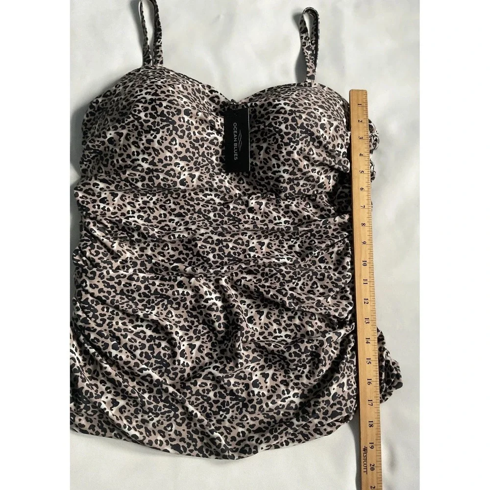 ocean Blue Women's Plus Blouson Bandeau Tankini Top Leopard Print Size 4XL